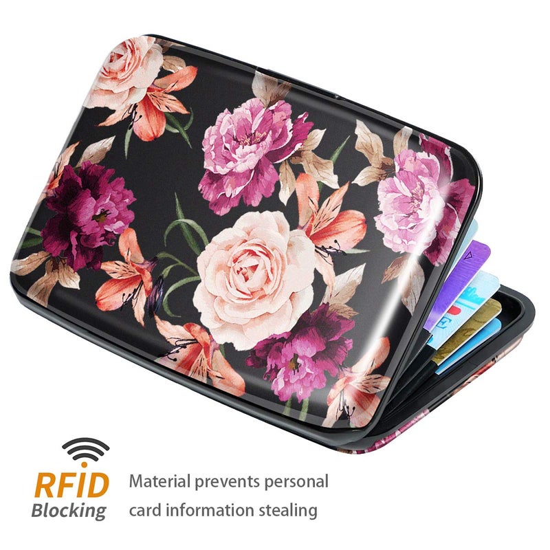 Coco Rossi Mini Credit Card Holder for Women,RFID Blocking Slim Hard Card Case ID Case Travel Wallet Black Rose Flowers - Image 2